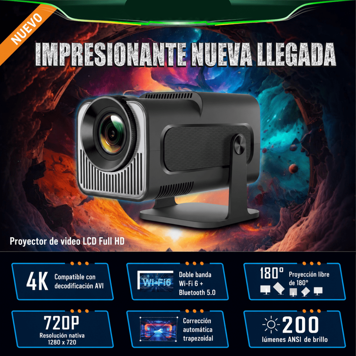 Proyector Video Beam WiFi BE-P230 Cine En Casa con Android 11.0, Rotación 180°, Screen Mirror y Corrección Automática - Image 6