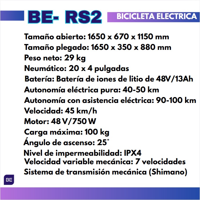 Bicicleta Eléctrica BE-RS2 750W – 48V – Autonomía hasta 100 km – Llantas 20x4